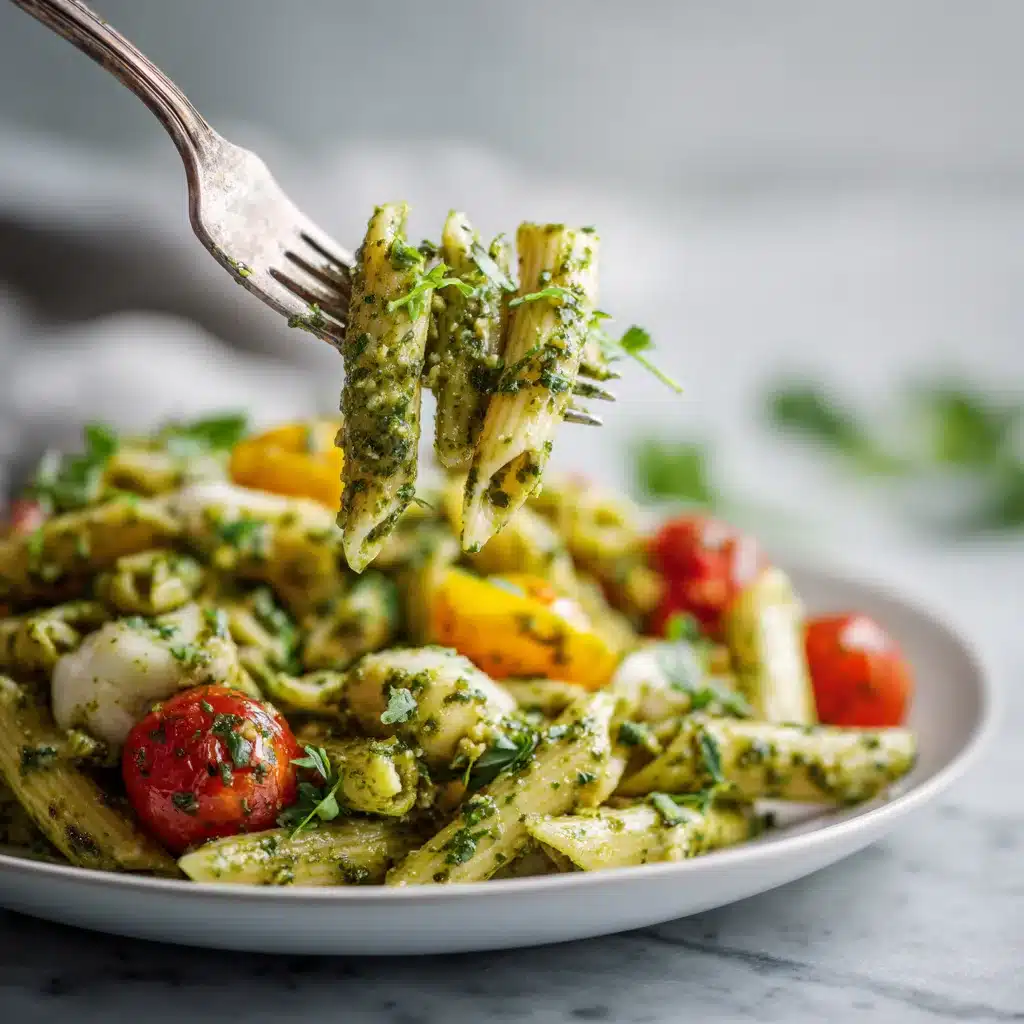 Salade de pâtes au pesto servie avec une fourchette et des ingrédients frais