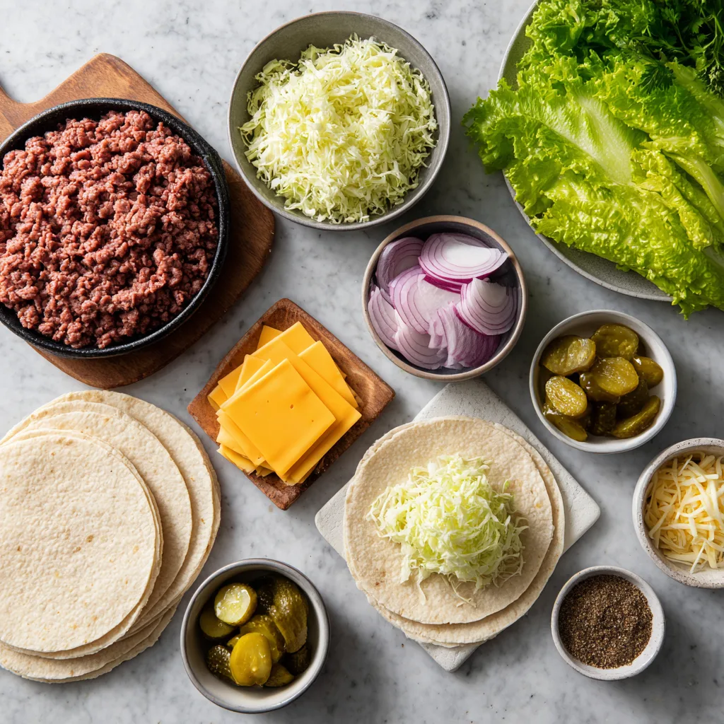 Smash Burger Tacos : La recette ultime croustillante et gourmande 7 Ingrédients pour tacos smash burger soigneusement disposés